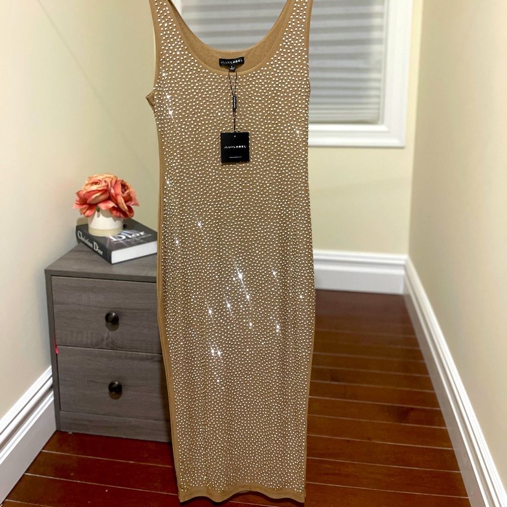 JLUXLABEL Tan Crystal-Embellished Midi Tank Dress